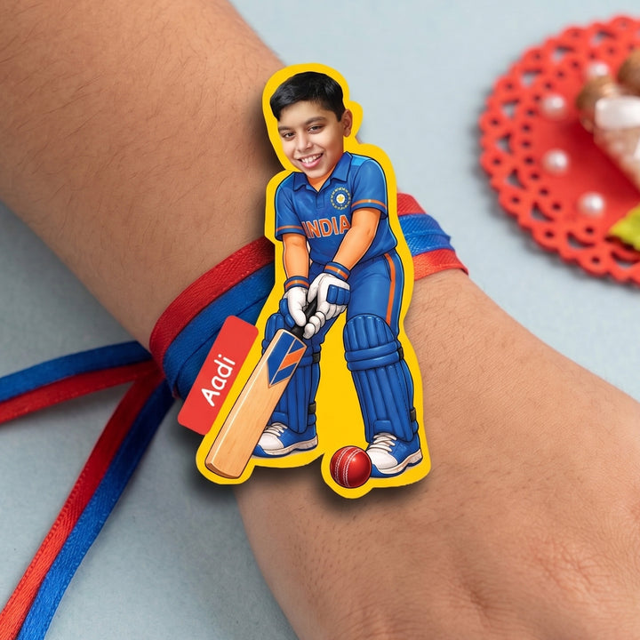 Photo Personalized Cricketer Caricature MDF Wood Kids Rakhi With Roli Chawal