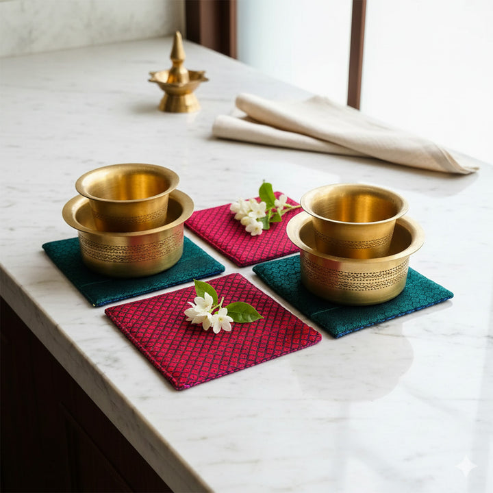 Reversible Handmade Red & Green Khunn Fabric Cotton Coasters | Set Of 4
