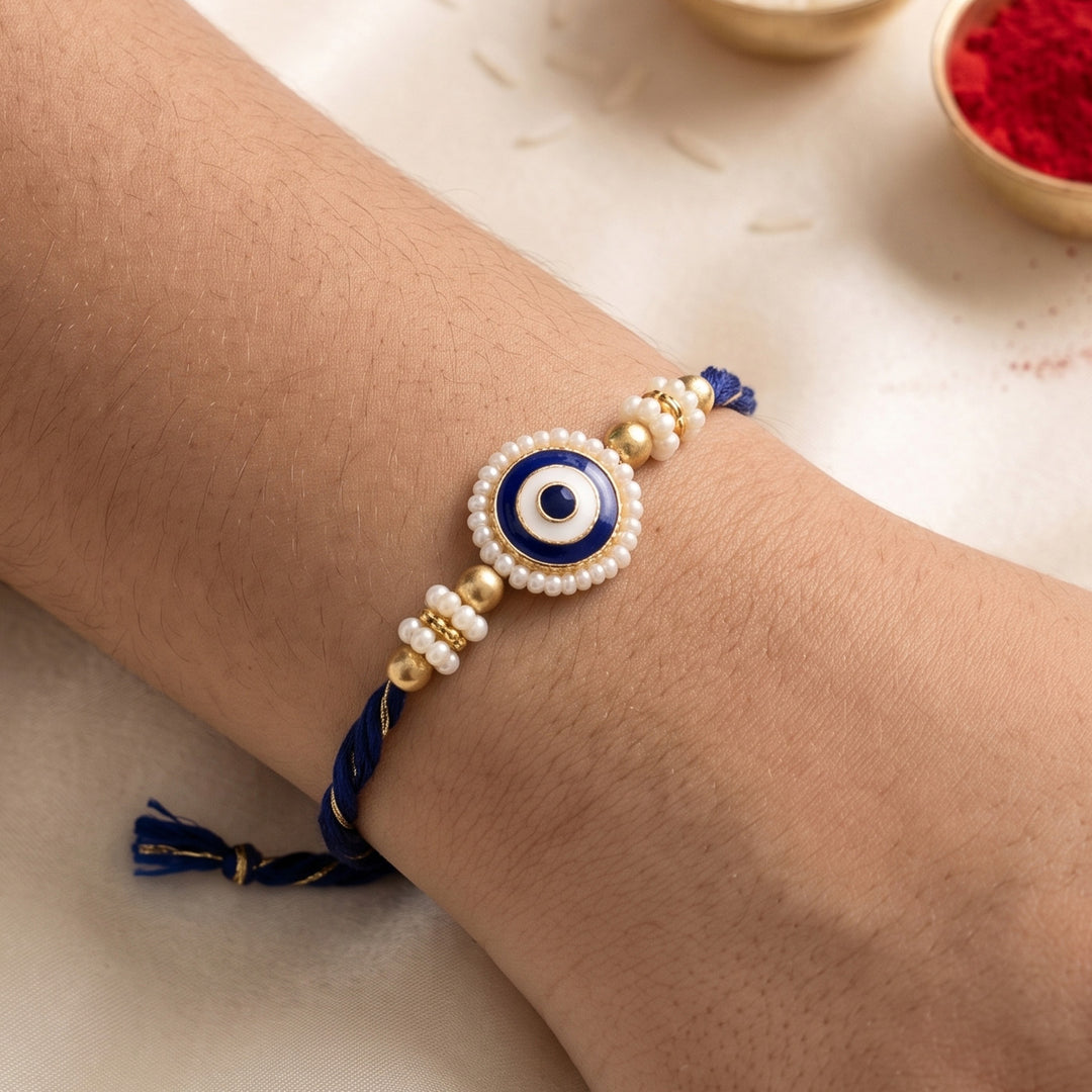 Reusable Evil Eye Beaded Thread Rakhi With Roli Chawal For Brother
