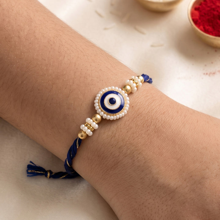 Reusable Evil Eye Beaded Thread Rakhi With Roli Chawal For Brother