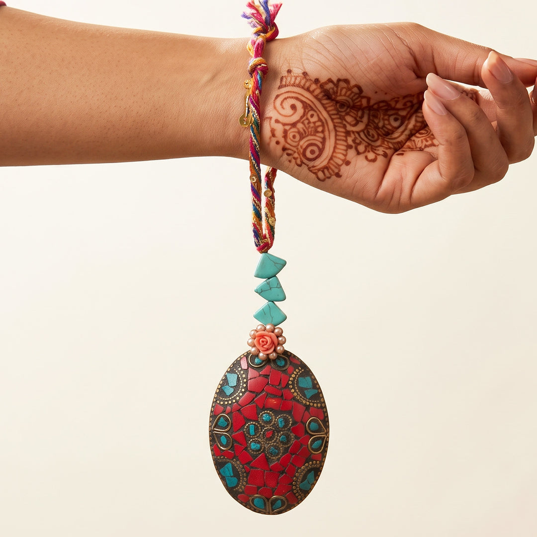 Red-Turquoise Mosaic Lumba Rakhi With Roli Chawal For Sister/Bhabhi
