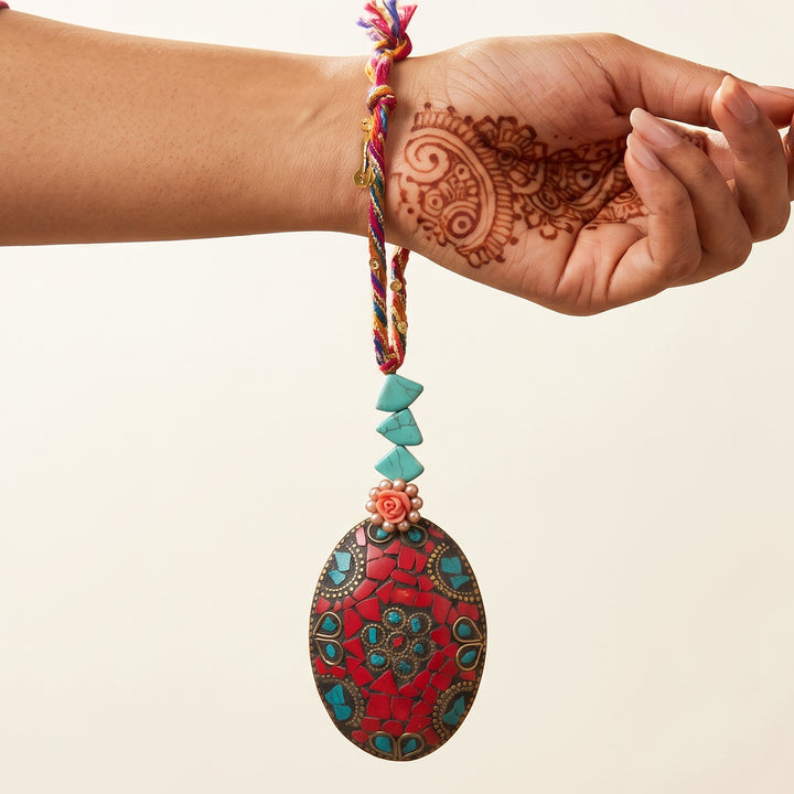 Red-Turquoise Mosaic Lumba Rakhi With Roli Chawal For Sister/Bhabhi
