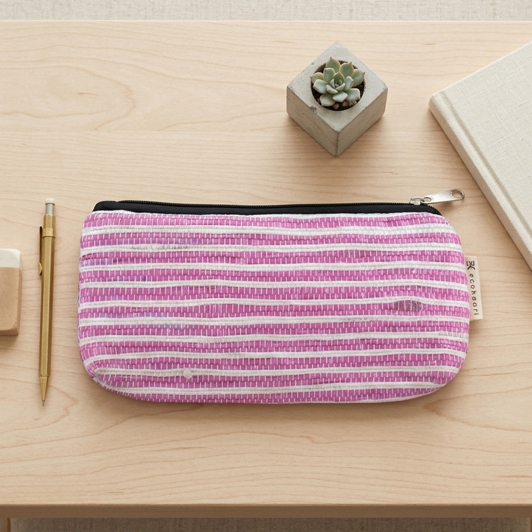 Pink and White Striped Upcycled Plastic Handcrafted Multi-Purpose Pouch