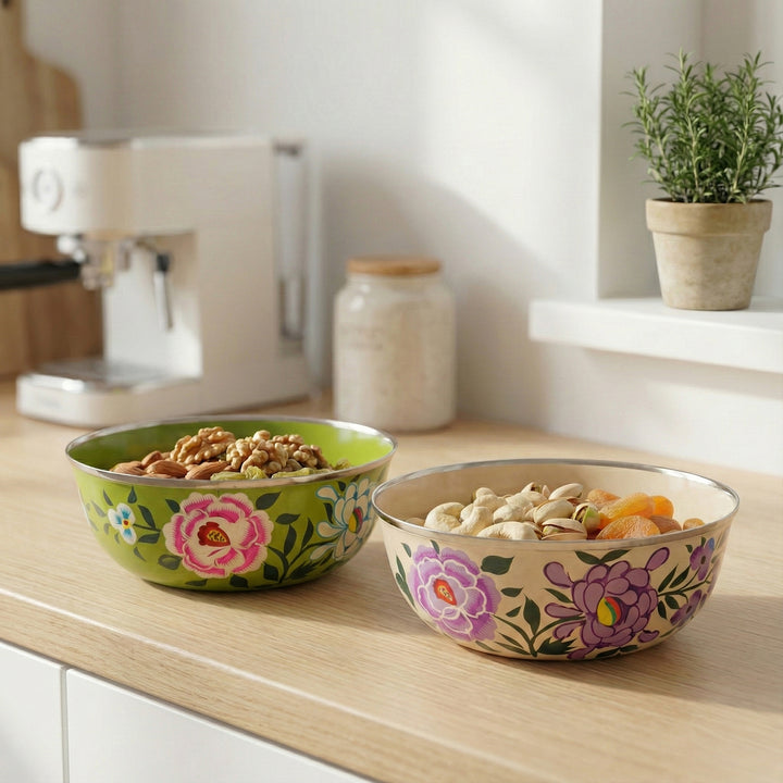 2Pc | Hand-Painted Floral Kashmiri Art Stainless Steel Extra Large Bowls