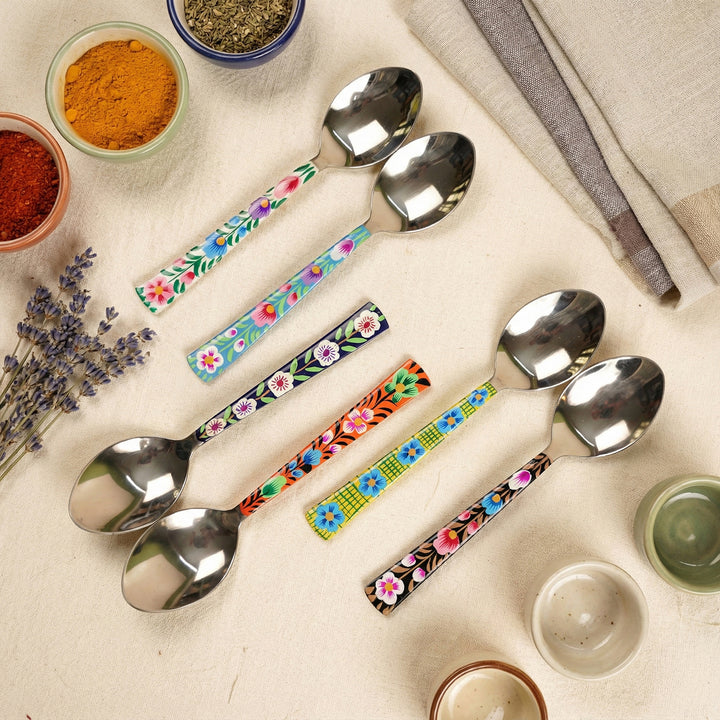 Assorted Hand-Painted Floral Kashmiri Art Stainless Steel Serving Spoons