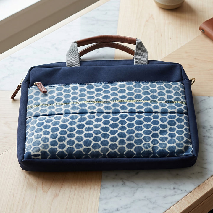 Handcrafted Water-Resistant Navy Blue Honeycomb Laptop Bag