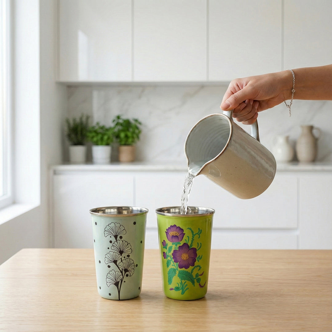 2Pc | Hand-Painted Floral Kashmiri Art Stainless Steel Large Glasses