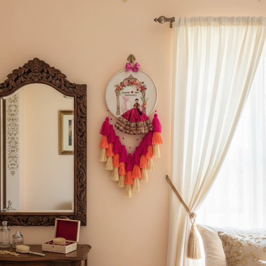 Personalized Embroidered Pink Wedding Plaque With Tassels