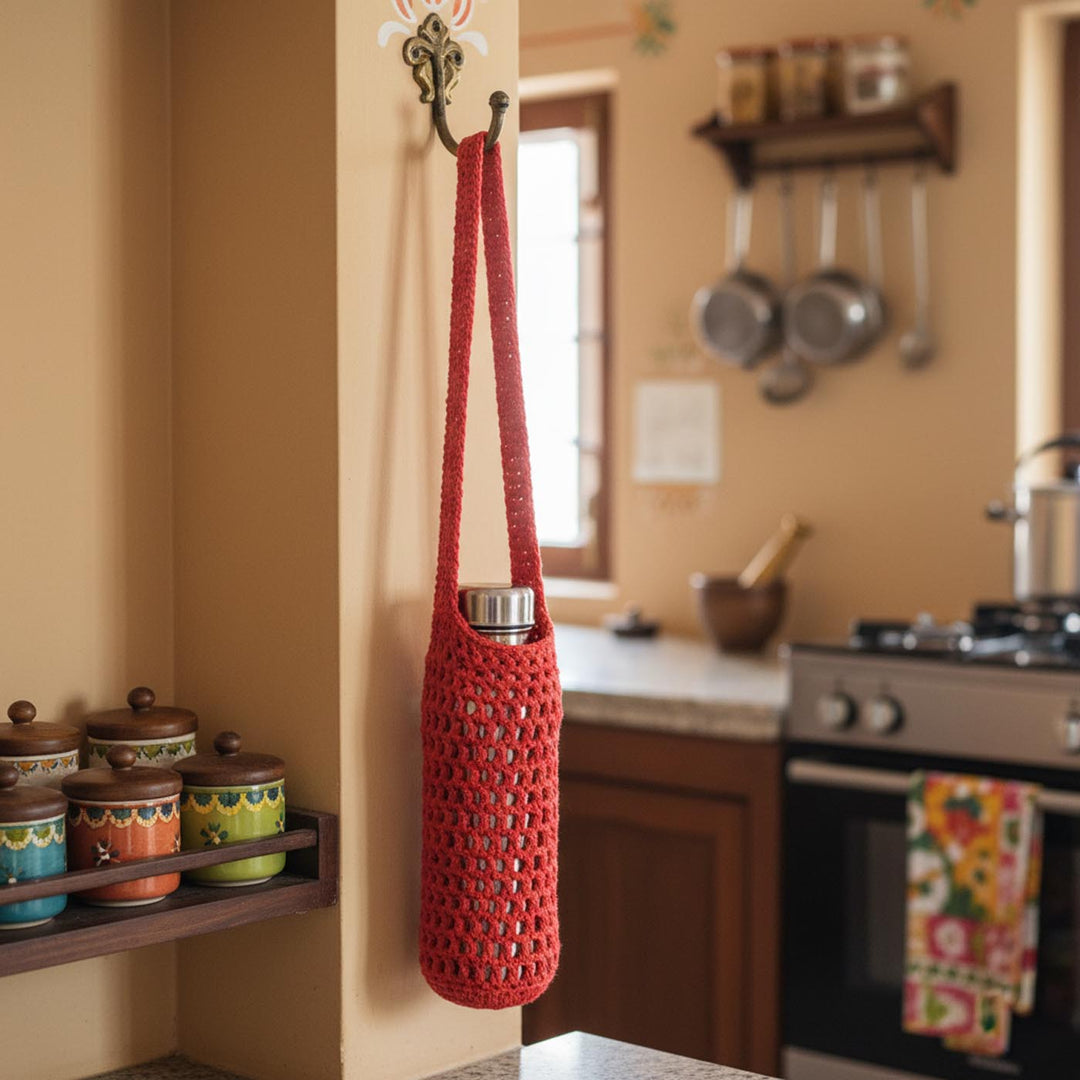 Handmade Crochet Red Water Bottle Tote Bag