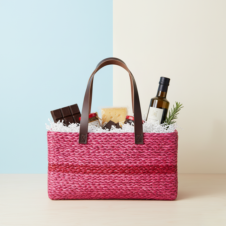 Handmade Grass Woven Single Striped Red Sabai Mesh Handbag