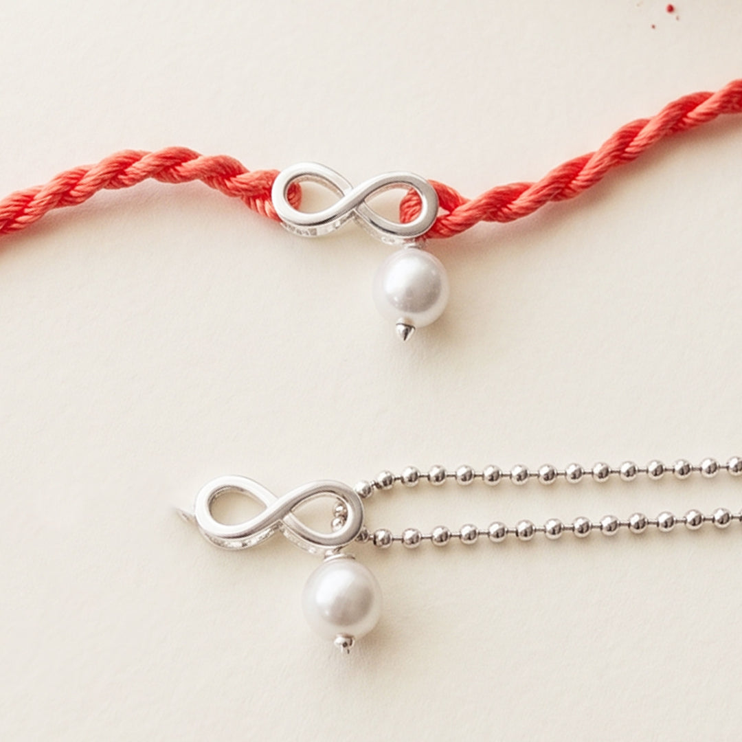Infinity Love With Pearl Sterling Silver Rakhi & Lumba Set With Roli Chawal For Bhaiya Bhabhi | Set of 2