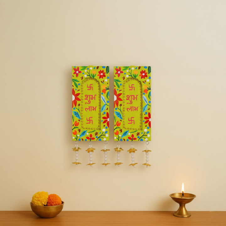 Hand-Painted Green Shubh Labh Jharokha MDF Wood Hanging | Set Of 2