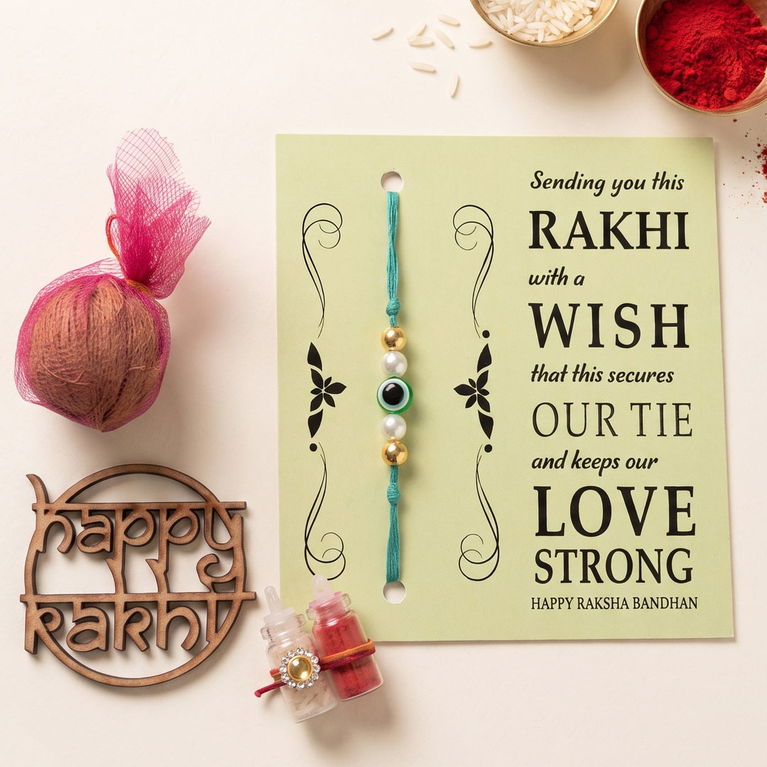 Handmade Evil Eye Turquoise Premium Agate Rakhi With Roli Chawal, Nariyal And Gift Box For Brother