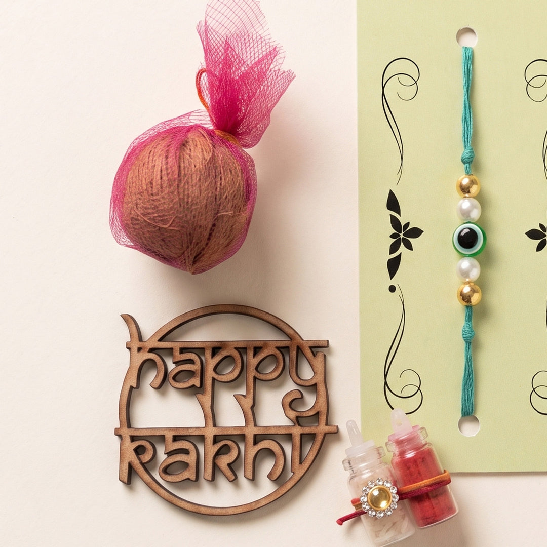 Handmade Evil Eye Turquoise Premium Agate Rakhi With Roli Chawal, Nariyal And Gift Box For Brother