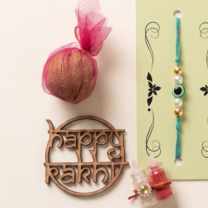 Handmade Evil Eye Turquoise Premium Agate Rakhi With Roli Chawal, Nariyal And Gift Box For Brother