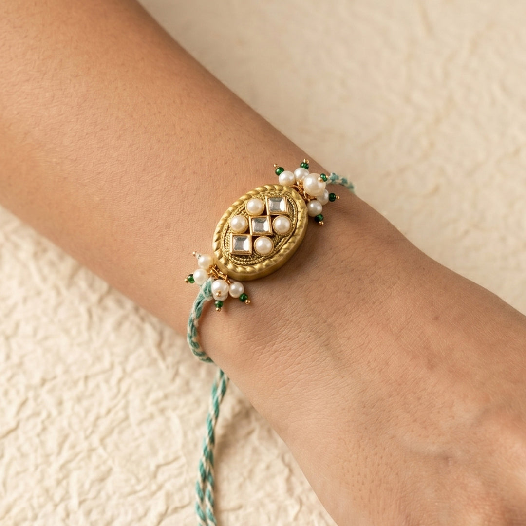Handmade Golden Teej Sutra Rakhi With Roli Chawal For Bhaiya