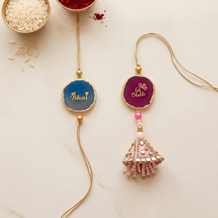 Handmade "Bhai Bhabhi" Pink And Blue Premium Agate Couple Rakhi And Lumba Set With Roli Chawal, Nariyal And Gift Box | Set of 2
