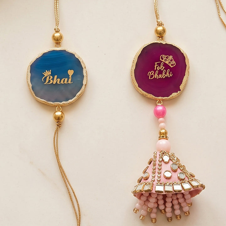 Handmade "Bhai Bhabhi" Pink And Blue Premium Agate Couple Rakhi And Lumba Set With Roli Chawal, Nariyal And Gift Box | Set of 2