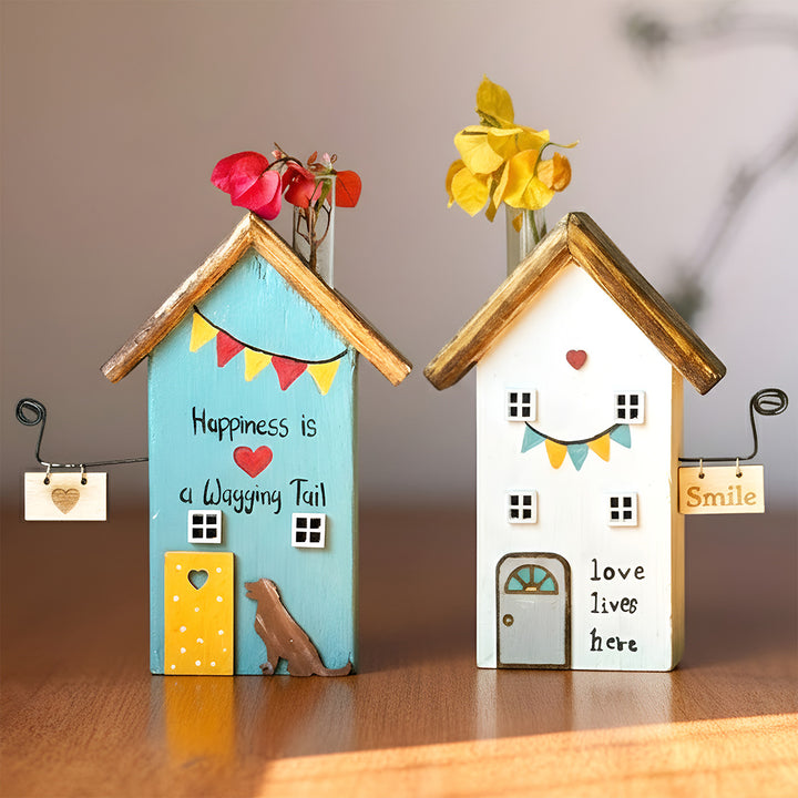 2 pc | White & Blue Handcrafted Miniature Wooden House Planter/Pen Holder