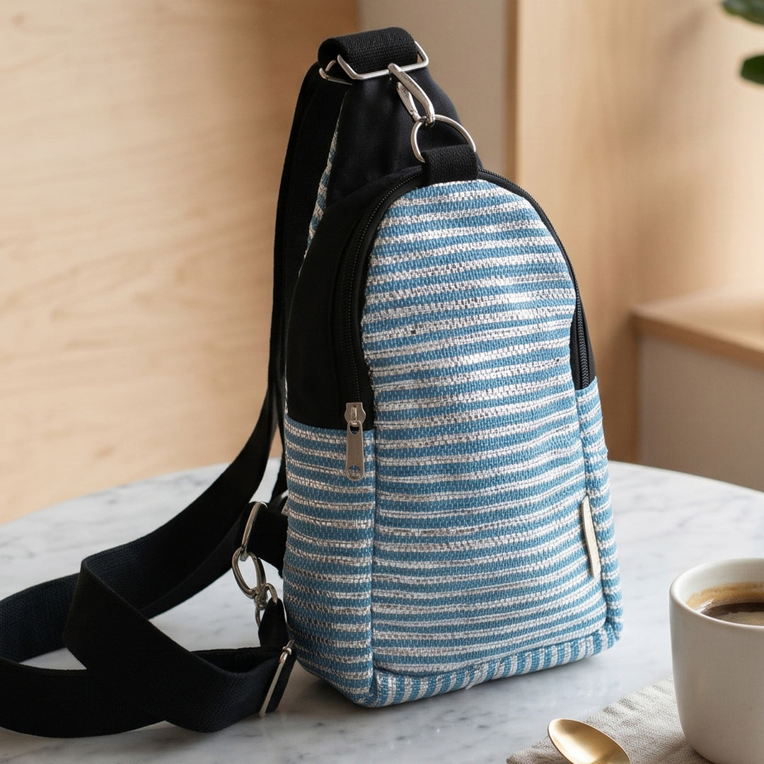 Blue and Silver Striped Upcycled Plastic Handcrafted Shoulder Crossbody Bag