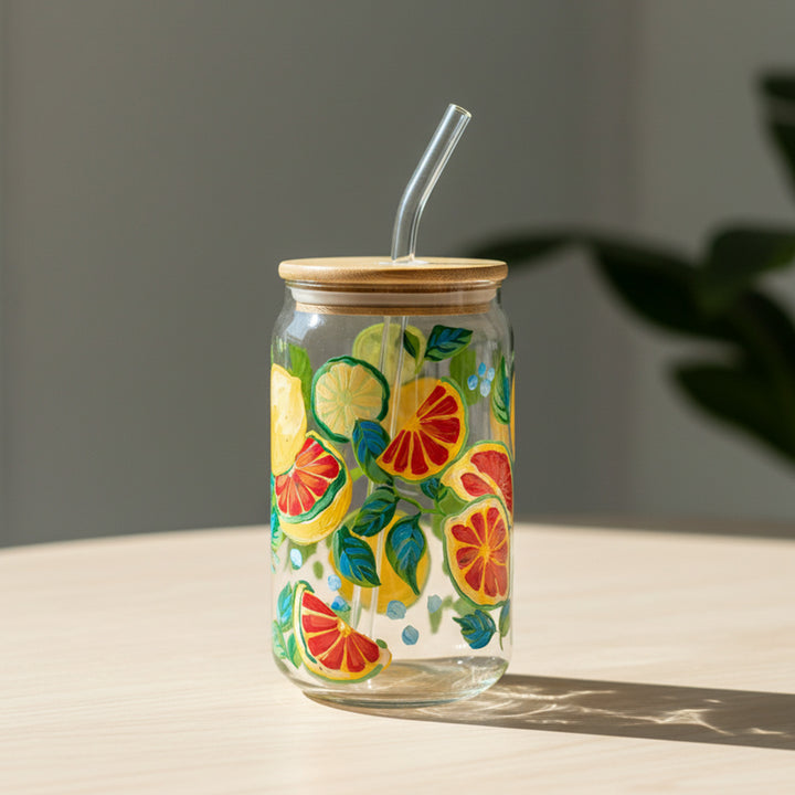 Hand-Painted Lime Light Glass Tumbler With Straw
