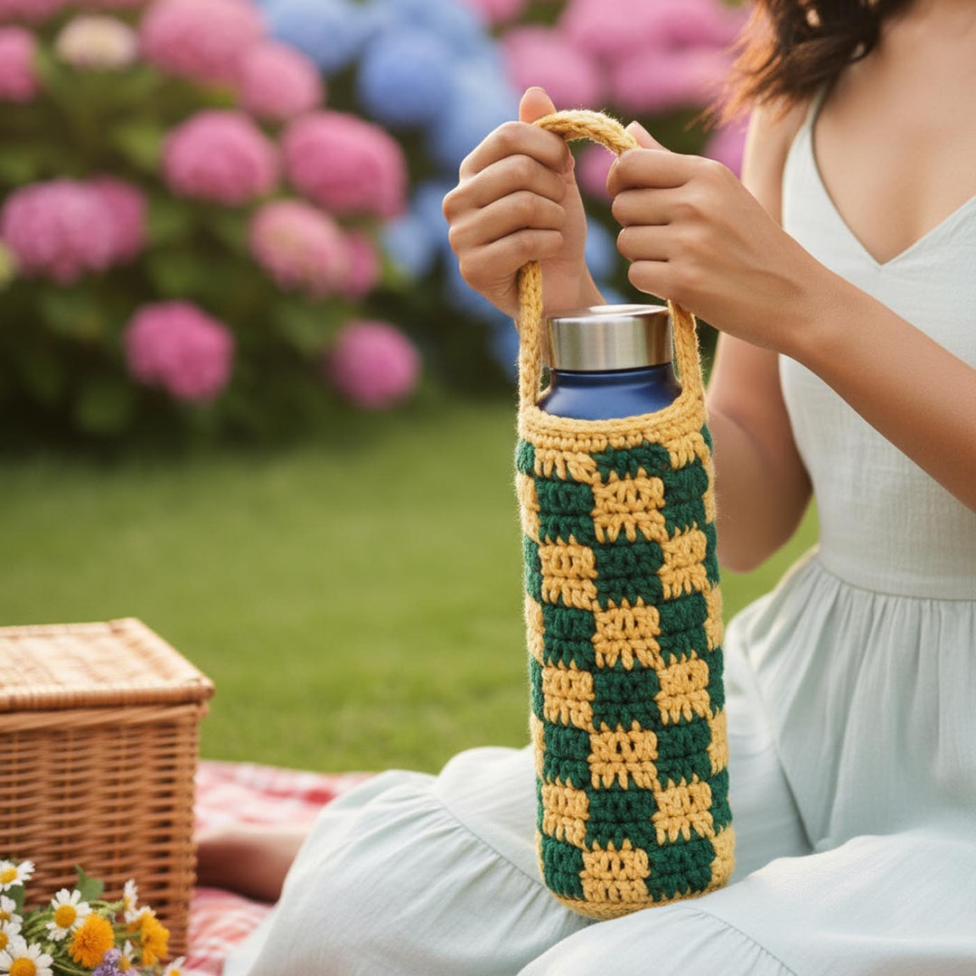 Handmade Crochet Green & Yellow Checkered Water Bottle Tote Bag