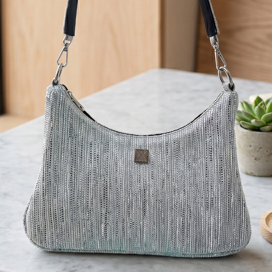 Black and Silver Striped Upcycled Plastic Handcrafted Baguette Handbag