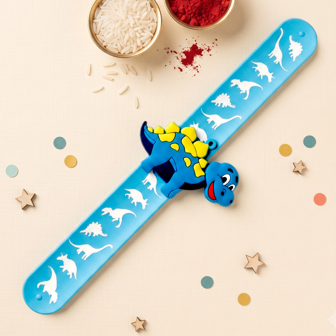 Handmade Blue Dinosaur Silicone Slap Band Rakhi For Kids With Roli Chawal For Brother