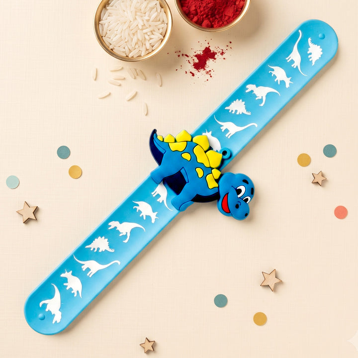 Handmade Blue Dinosaur Silicone Slap Band Rakhi For Kids With Roli Chawal For Brother