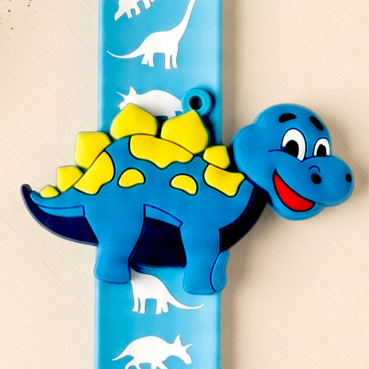 Handmade Blue Dinosaur Silicone Slap Band Rakhi For Kids With Roli Chawal For Brother