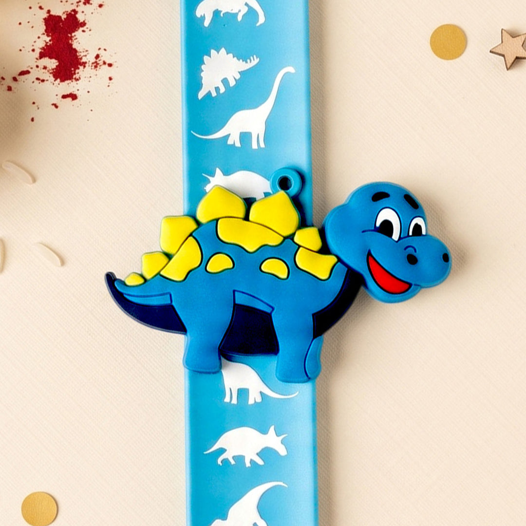 Handmade Blue Dinosaur Silicone Slap Band Rakhi For Kids With Roli Chawal For Brother