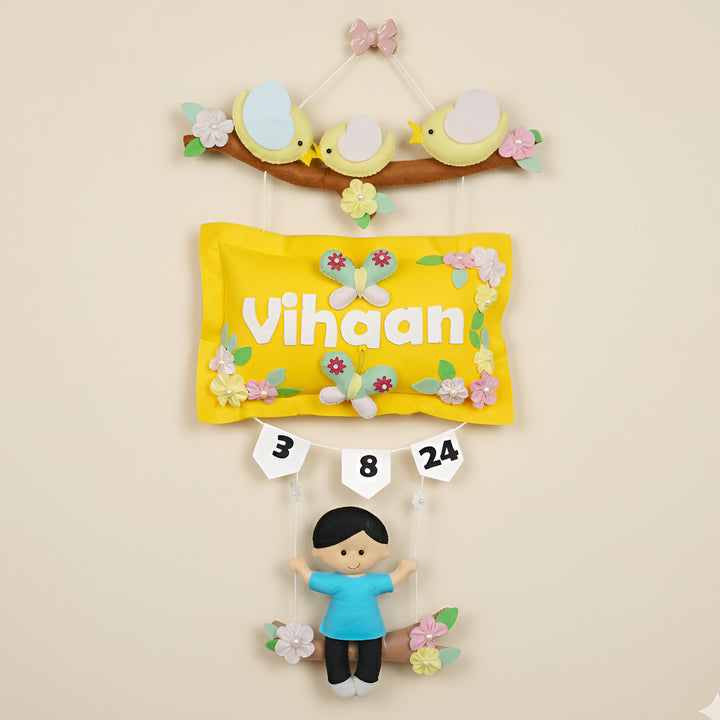Hand-stitched Pillow & Bird Themed Felt Kids Nameplate with Swing