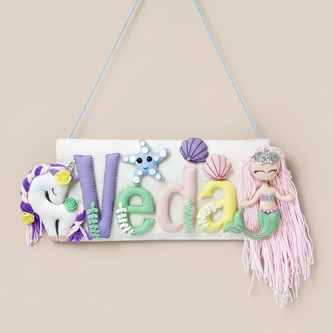 Handcrafted Mermaid & Unicorn Themed Rectangle Felt Name Plate for Kids