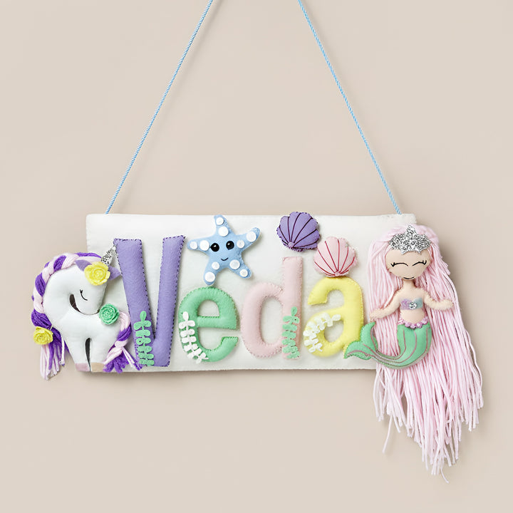 Handcrafted Mermaid & Unicorn Themed Rectangle Felt Name Plate for Kids