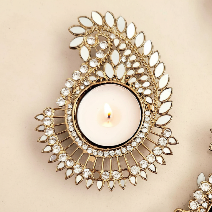 Handmade Mirror Work Paisley Shape Wooden Tealight Holder