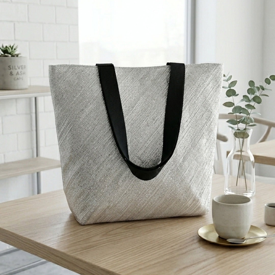 Silver and White Striped Upcycled Plastic Handcrafted Beach Tote Bag