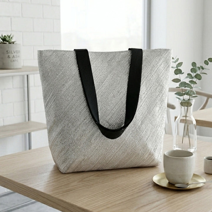Silver and White Striped Upcycled Plastic Handcrafted Beach Tote Bag