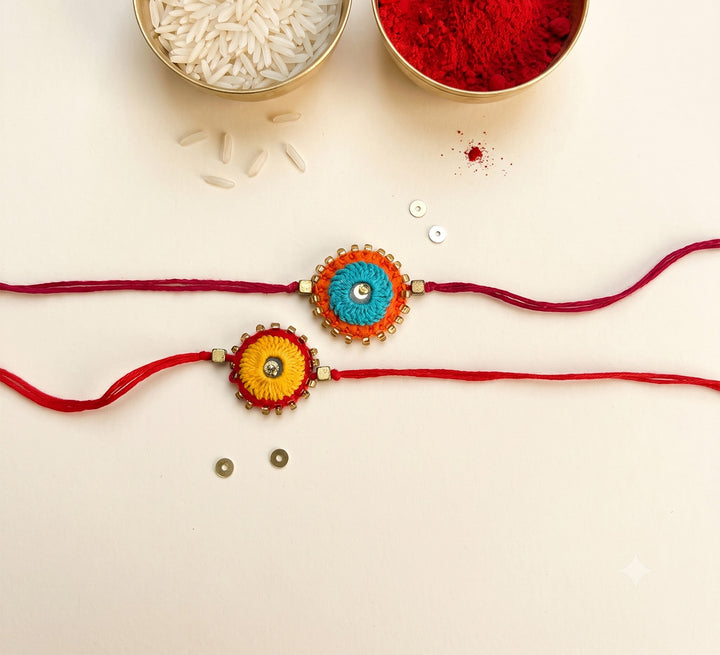 2 Pc | Hand Embroidered Sheesha Rakhis With Roli Chawal For Brother