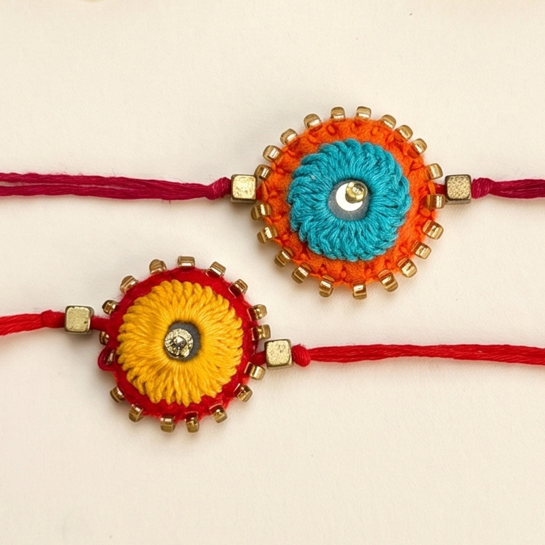 2 Pc | Hand Embroidered Sheesha Rakhis With Roli Chawal For Brother