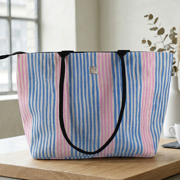 Handcrafted Pink and Blue Striped Upcycled Plastic 16" Office Tote Bag