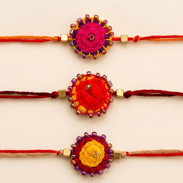3 Pc | Hand Embroidered Bindu Felt Rakhis With Roli Chawal For Brother