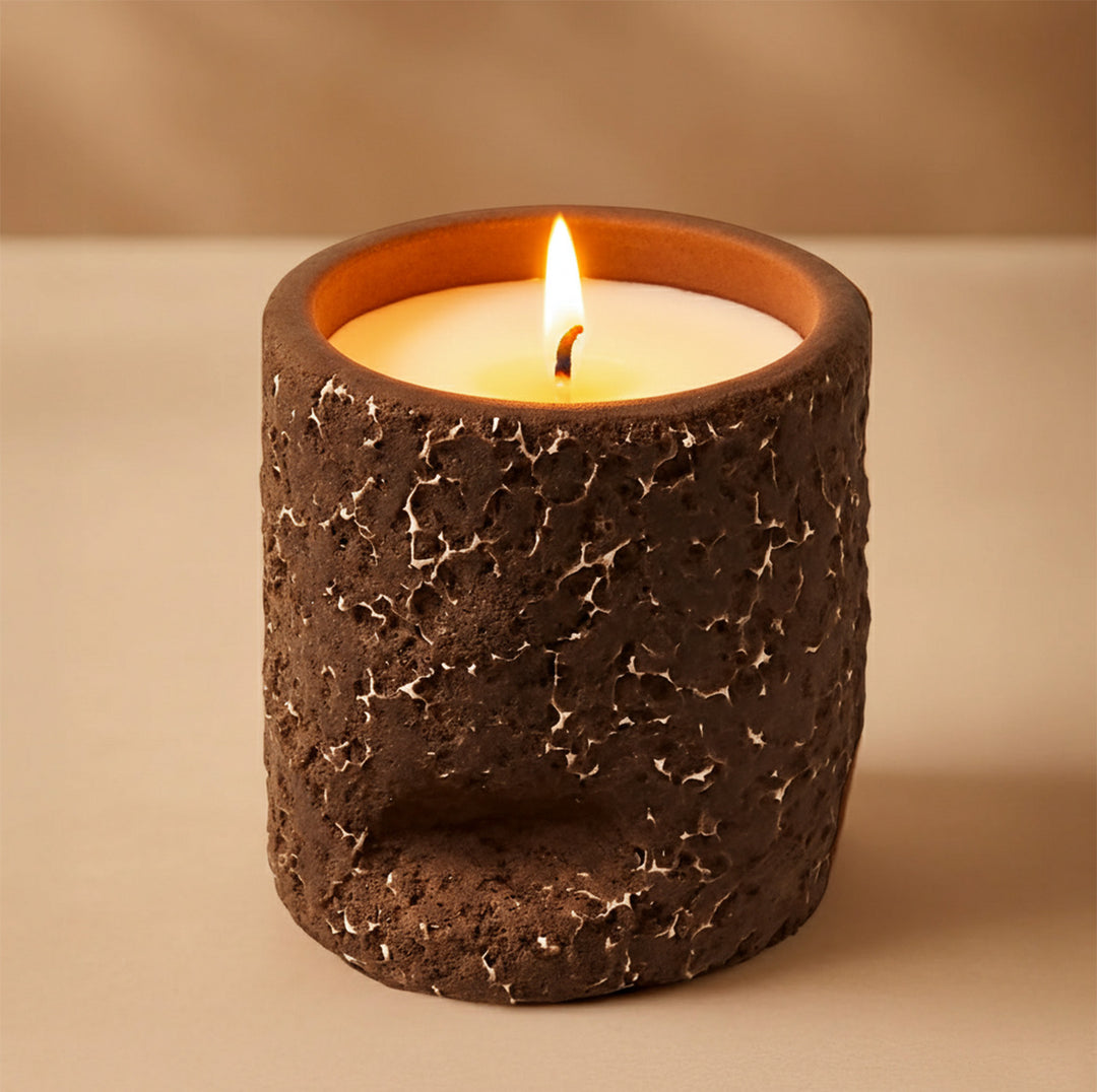 Brown Distress Finish Terracotta Candle Holder With Candle