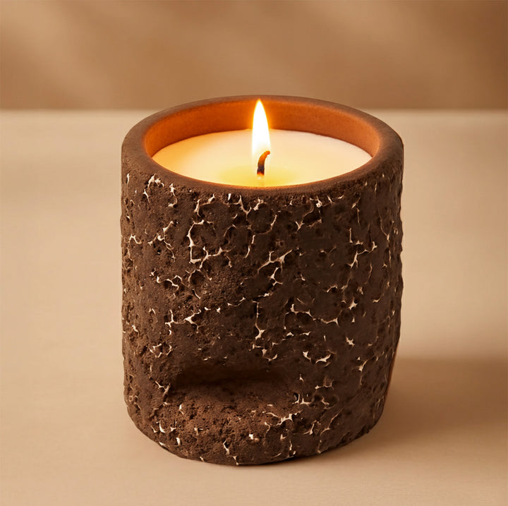 Brown Distress Finish Terracotta Candle Holder With Candle