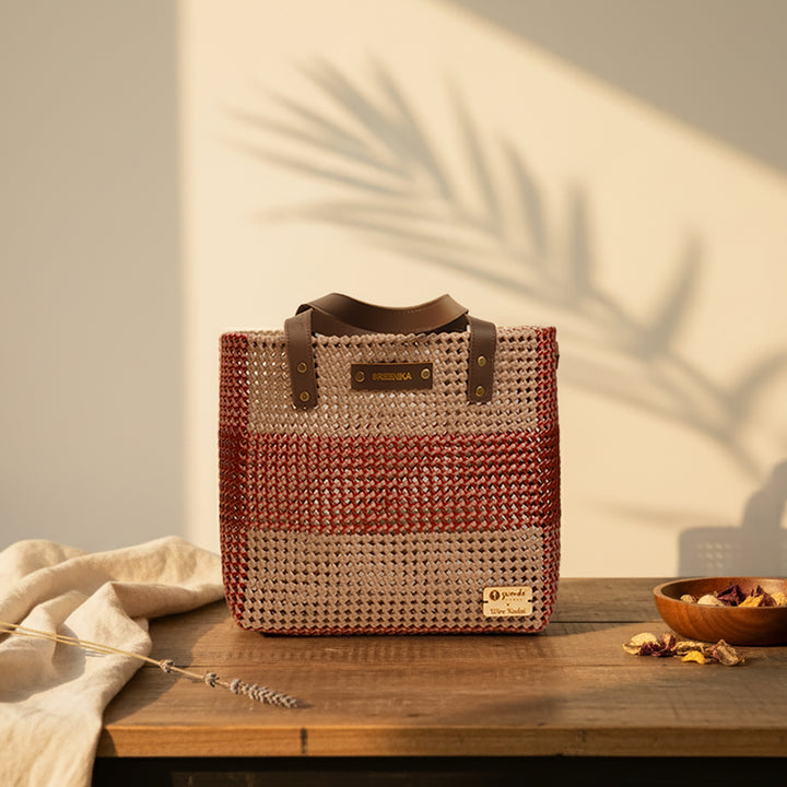 Grey And Brown Horizontal Stripes Handmade Wire Koodai Tote Bag