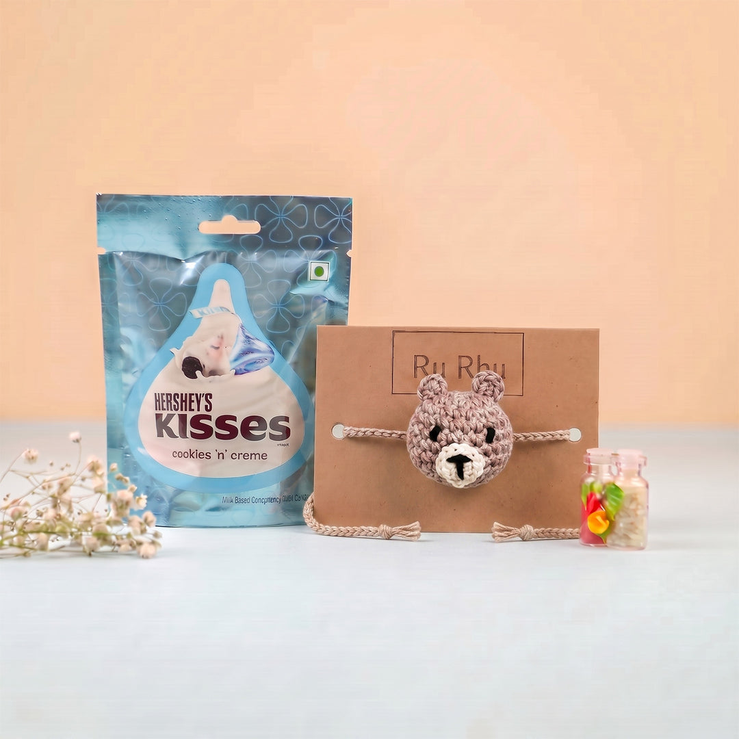 Handmade Crochet Teddy Bear Rakhi With Roli Chawal for Kids