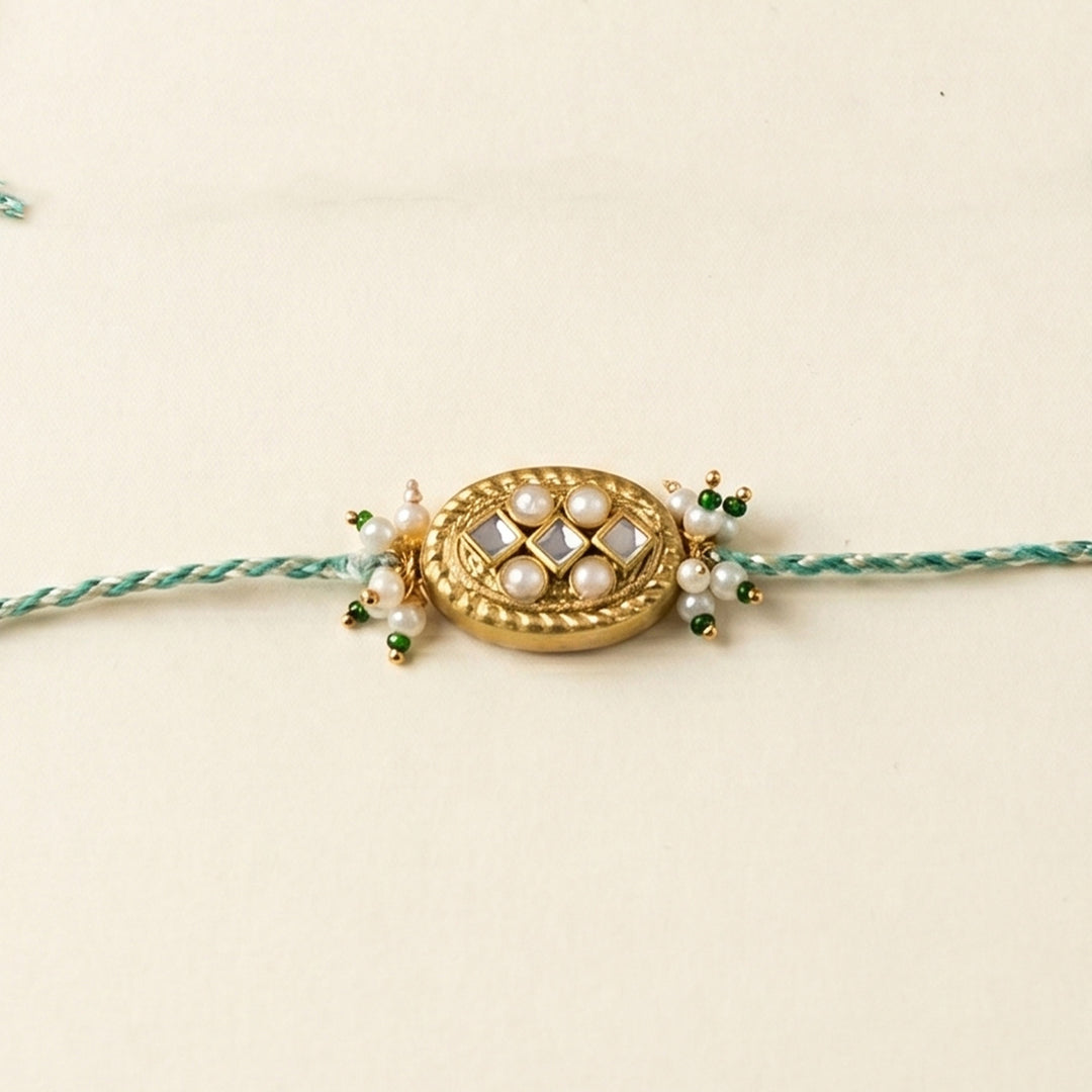Handmade Golden Teej Sutra Rakhi With Roli Chawal For Bhaiya