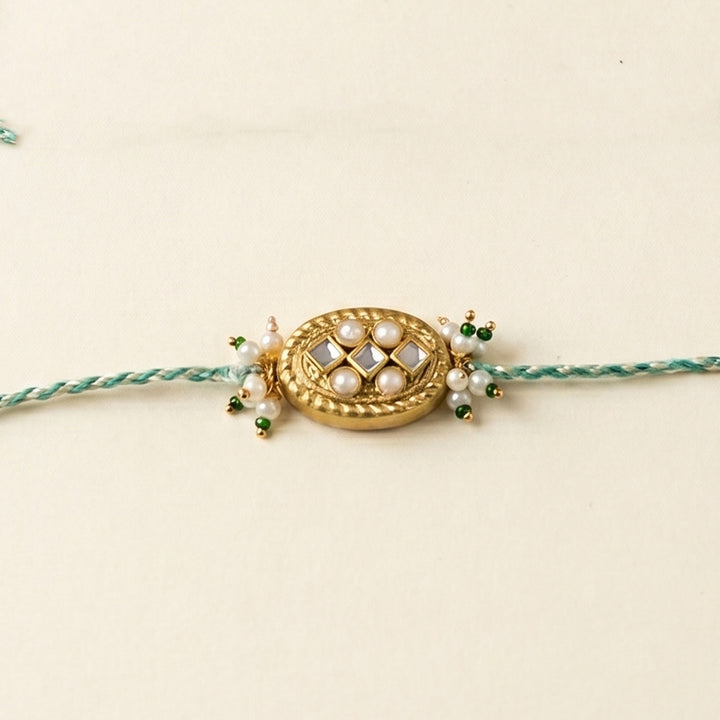 Handmade Golden Teej Sutra Rakhi With Roli Chawal For Bhaiya