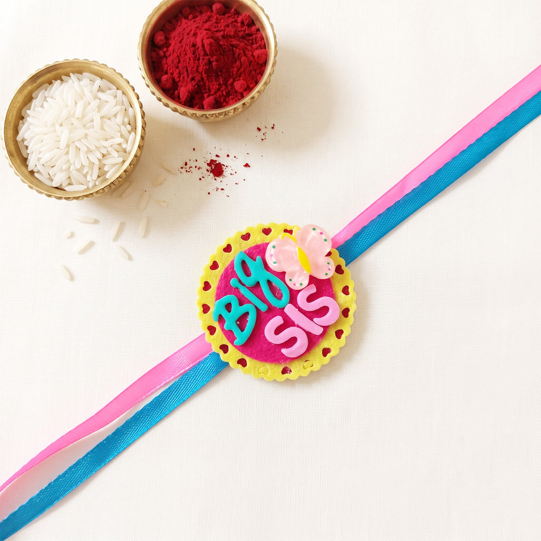 Handmade "Big Sis" Butterfly Theme Felt Kids Rakhi With Roli Chawal For Sister