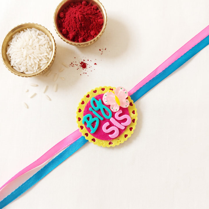 Handmade "Big Sis" Butterfly Theme Felt Kids Rakhi With Roli Chawal For Sister