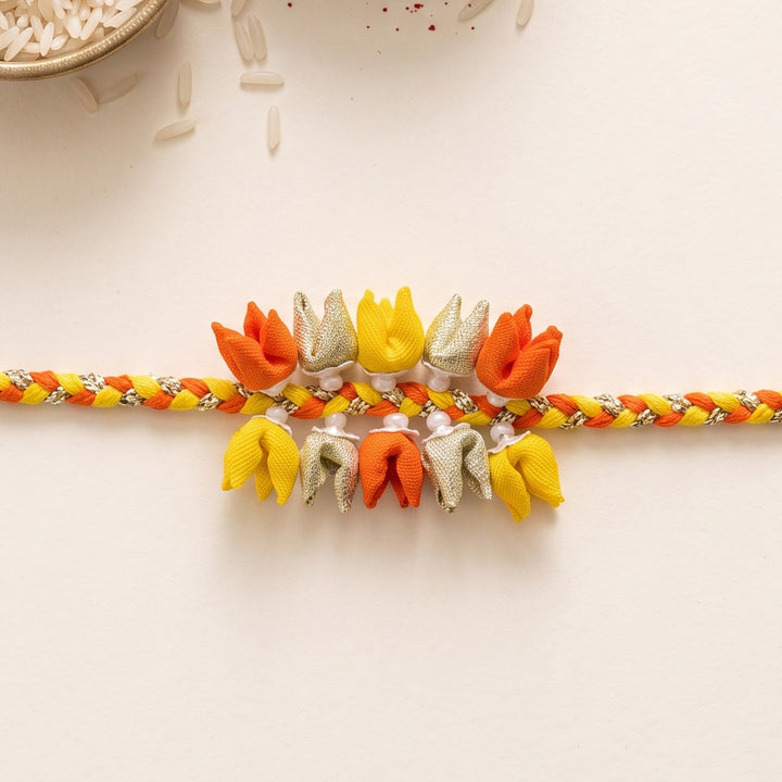 Handmade Pastel Dual-Tier Tulip Bud & Pearl Silk Fabric Rakhi For Brother With Roli Chawal